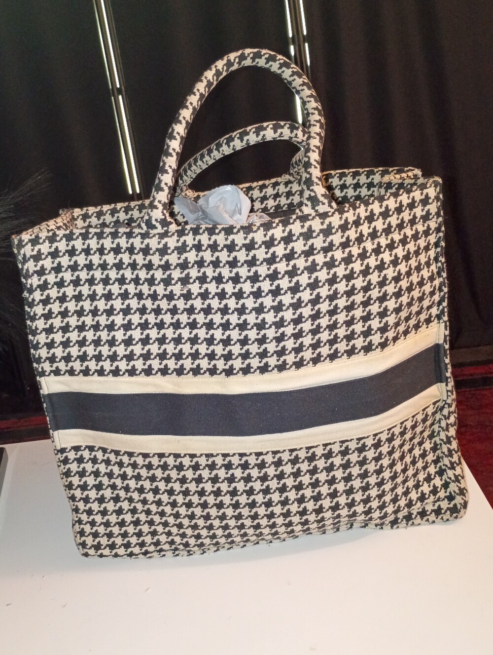Women's Black & White Plaid Handbag Tote With Snap Closure